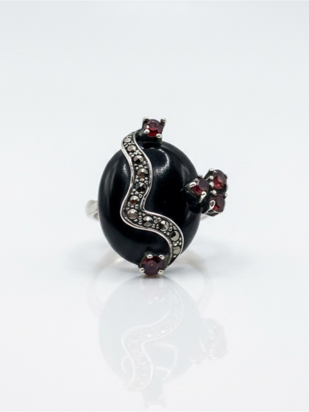 VTG 925 Silver Onyx Marcasite Garnet Snake Cocktail Ring 4